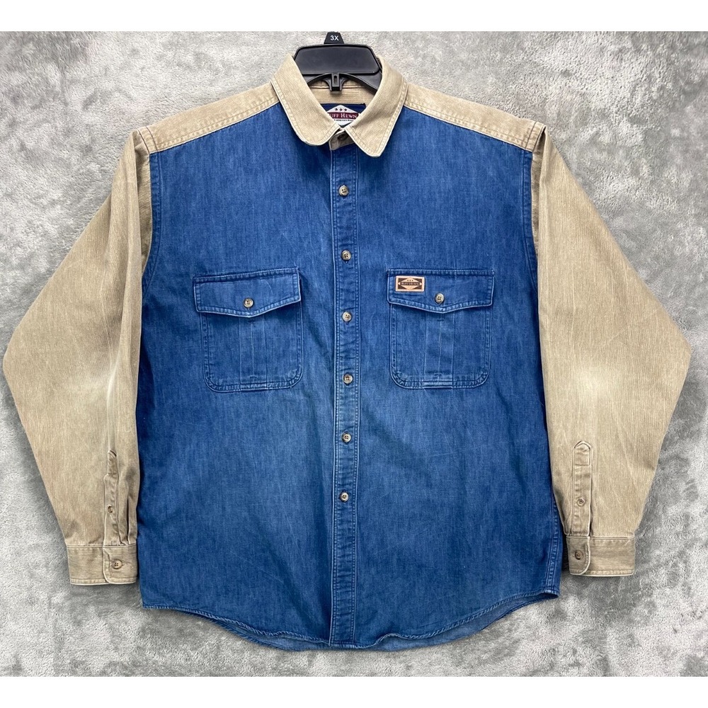 Ruff Hewn‎ Mens Shirt Large Blue w/Beige Long Corduroy Sleeves Cotton USA Made